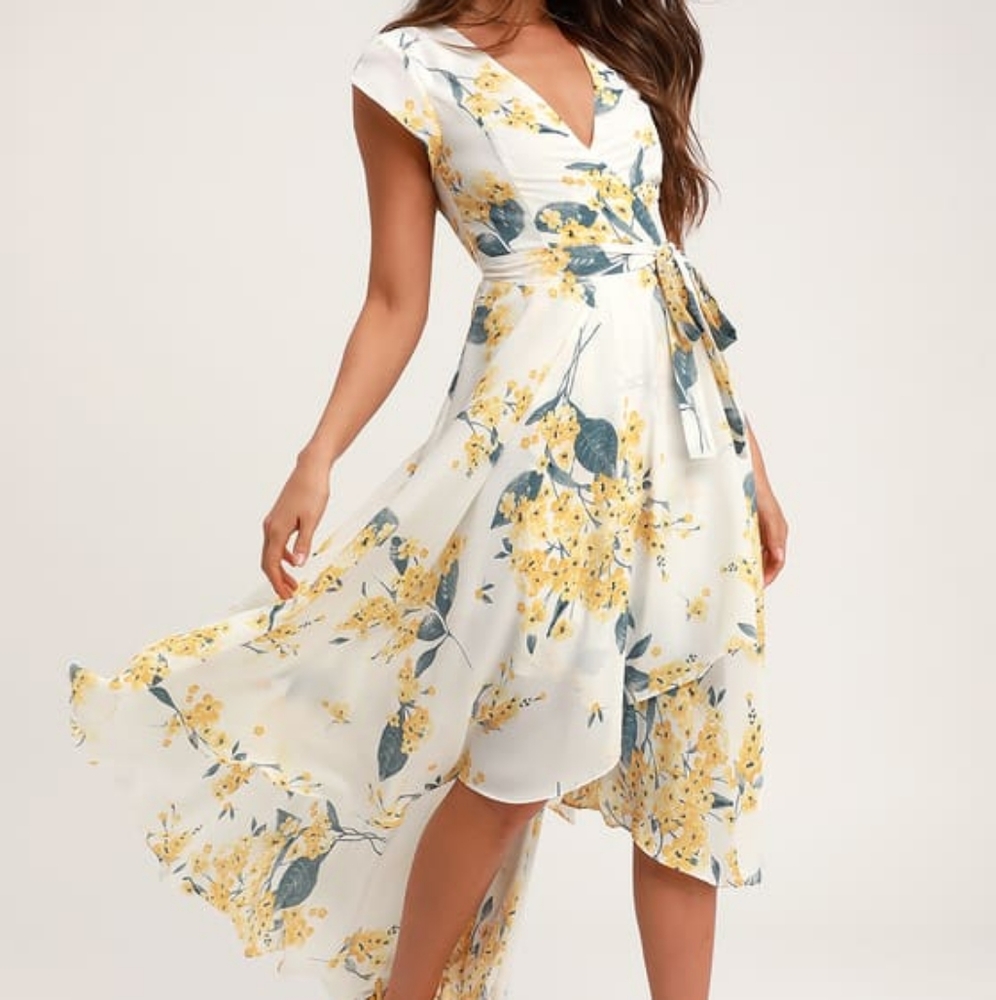 🚫Sold🚫Lulus French Countryside White and Yellow Floral Print High-Low Dress - Picture 1 of 7